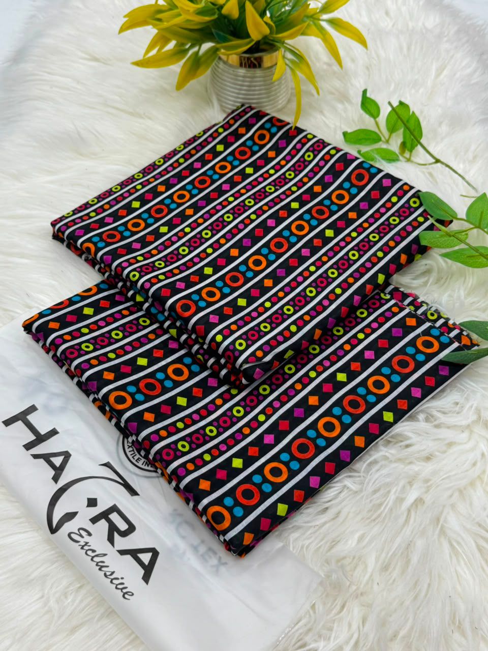 Lawn 2 Piece Unstitched Suit - Black Multicolor Geometric Stripe (Hazra Exclusive)