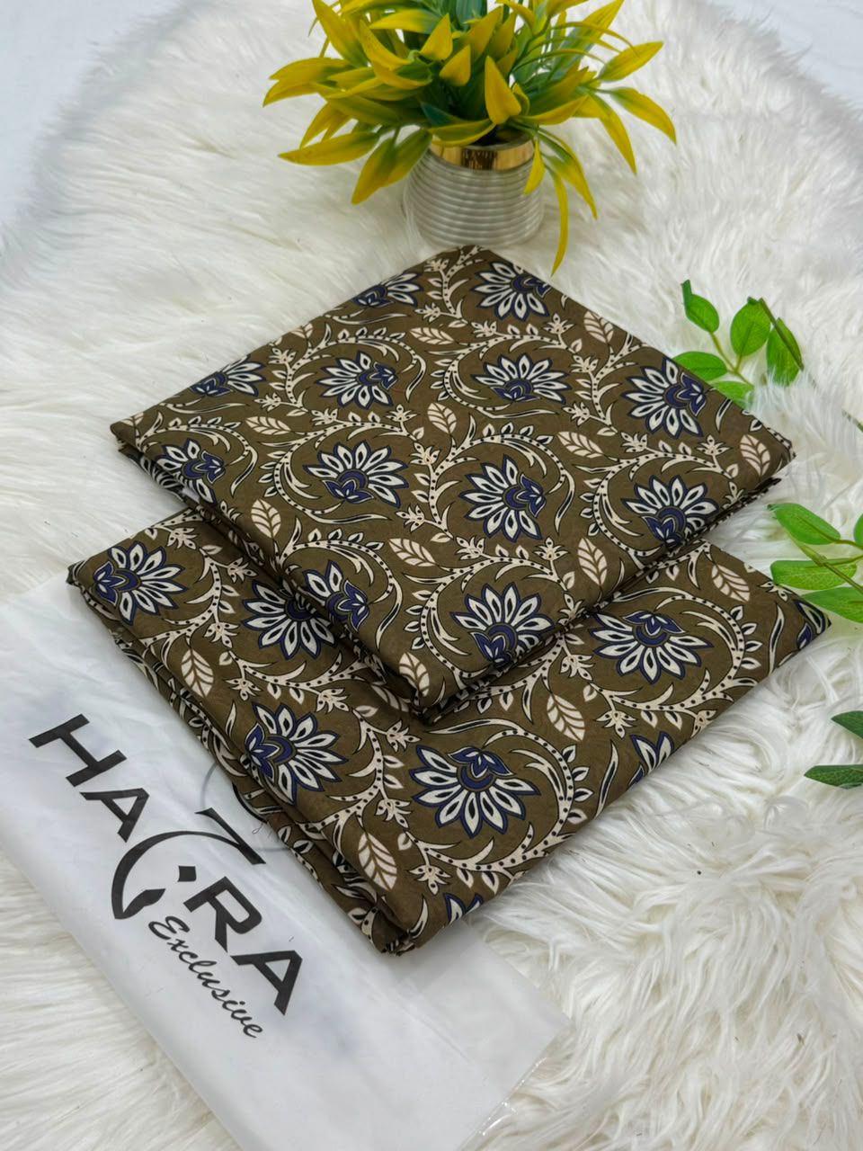 Lawn 2 Piece Unstitched Suit - Olive Green Floral Jaal (Hazra Exclusive)
