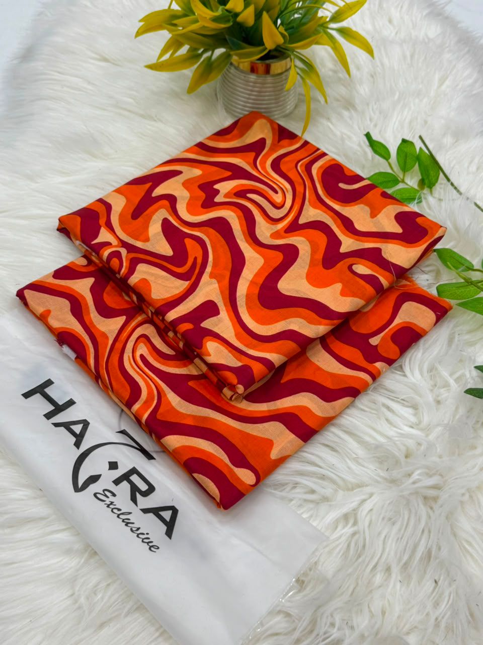 Lawn 2 Piece Unstitched Suit - Orange Maroon Abstract Swirl (Hazra Exclusive)