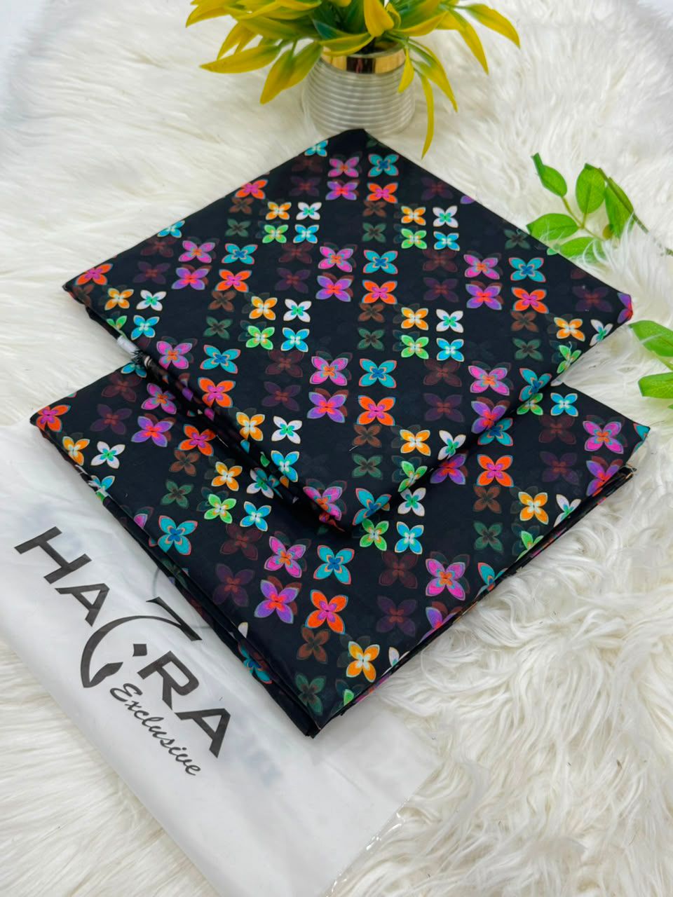 Lawn 2 Piece Unstitched Suit - Black Multicolor Butterfly Print (Hazra Exclusive)